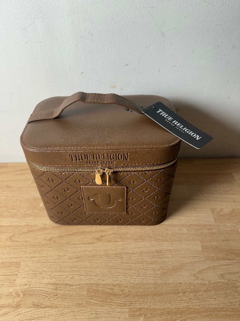 TRUE RELIGION BRAND JEANS LARGE COSMETIC CASE WITH MIRROR BROWN/NATURAL - NEW!